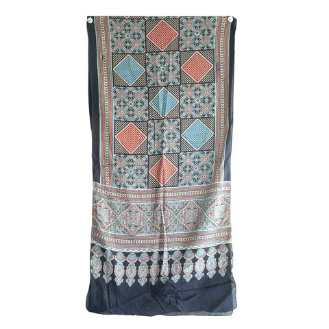 Navy Ajrakh Hand Block Print Rayon Stole | Traditional Geometric Print | 210×55 cm