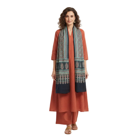 Cream & Navy Ajrakh Hand Block Print Rayon Stole | Traditional Geometric Print | 210×55 cm