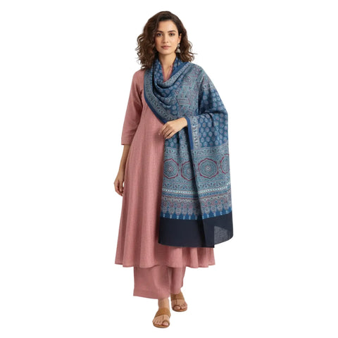 Teal Ajrakh Hand Block Print Rayon Stole | Traditional Geometric Print | 210×55 cm