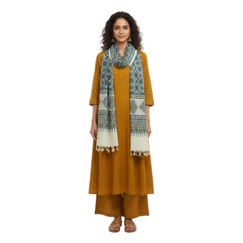 Cream Ajrakh Hand Block Print Rayon Stole | Traditional Geometric Print | 210×55 cm