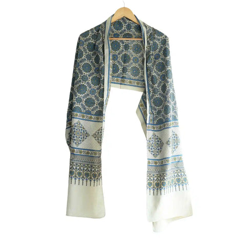 ISYVBH-B017 Ajrakh Dupatta Draped View | Traditional Natural Dye Block Print