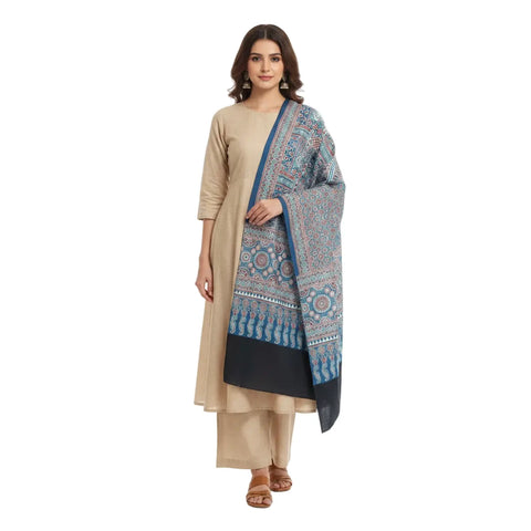 Cream & Blue Ajrakh Hand Block Print Rayon Stole | Patchwork Geometric Print | 210×55 cm