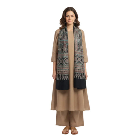 Cream & Dark Grey Ajrakh Hand Block Print Rayon Stole | Traditional Geometric Print | 210×55 cm