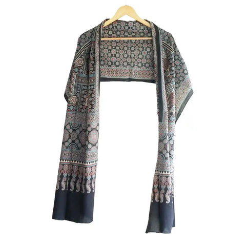 ISYVBH-B019 Ajrakh Dupatta Draped View | Traditional Natural Dye Block Print