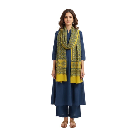 Olive Ajrakh Hand Block Print Rayon Stole | Traditional Geometric Print | 210×55 cm