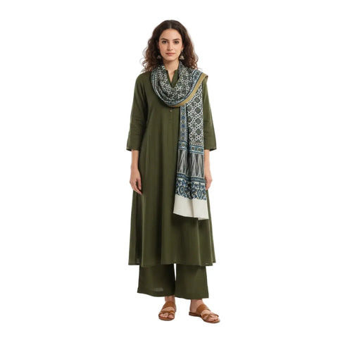 Mustard & Cream Ajrakh Hand Block Print Cotton Stole | Traditional Geometric Print | 220×55 cm