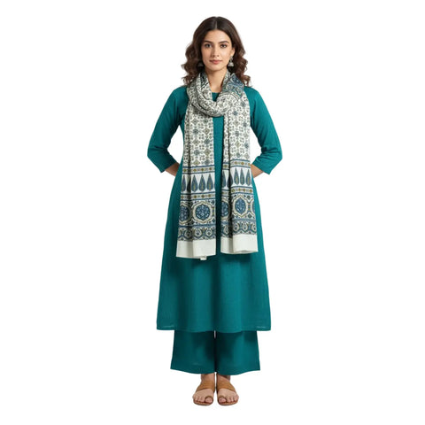 Charcoal Ajrakh Hand Block Print Cotton Stole | Traditional Geometric Print | 220×55 cm