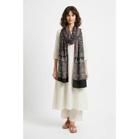 Dark Navy Ajrakh Hand Block Print Cotton Stole | Traditional Geometric Print | 220×55 cm