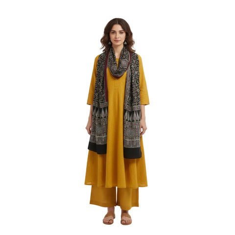 Dark Navy Ajrakh Hand Block Print Cotton Stole | Traditional Geometric Print | 220×55 cm