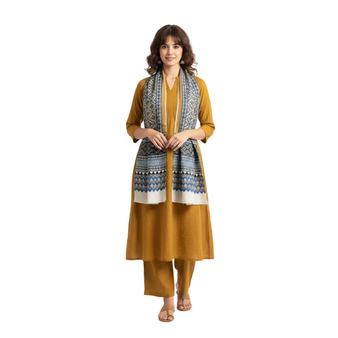 Black Ajrakh Hand Block Print Cotton Stole | Traditional Geometric Print | 220×55 cm