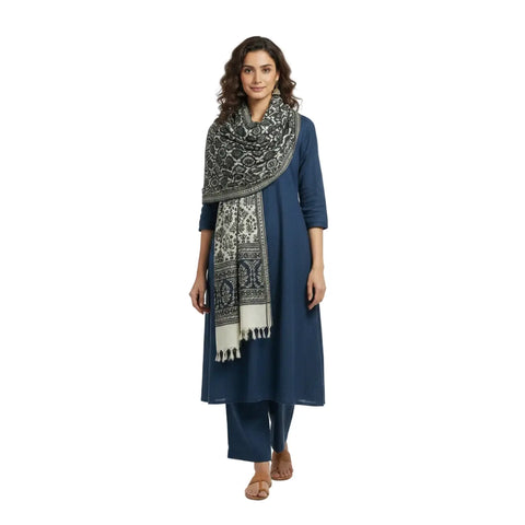 Black & Cream Ajrakh Hand Block Print Cotton Stole | Traditional Geometric Print | 220×55 cm