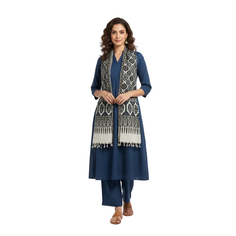 Black & Cream Ajrakh Hand Block Print Cotton Stole | Traditional Geometric Print | 220×55 cm
