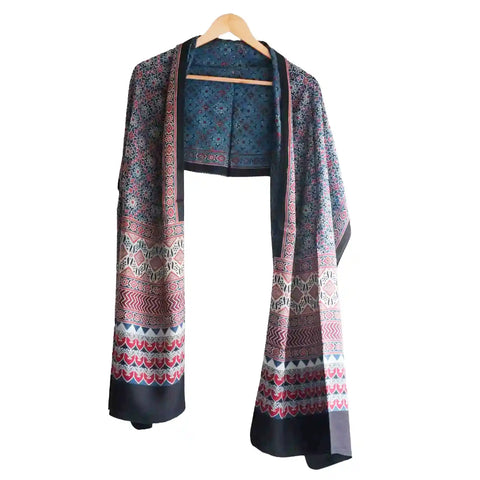 ISYVBH-C06 Ajrakh Dupatta Draped View | Traditional Natural Dye Block Print