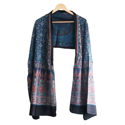 ISYVBH-C07 Ajrakh Dupatta Draped View | Traditional Natural Dye Block Print