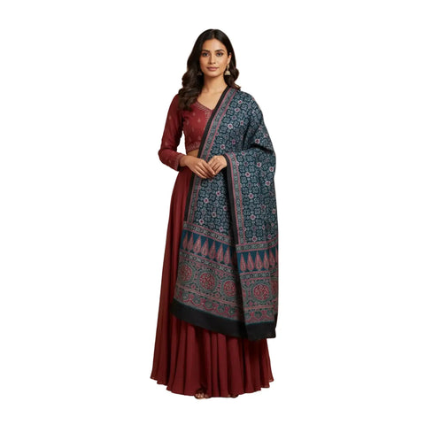 Blue & Cream Ajrakh Hand Block Print Cotton Stole | Traditional Geometric Print | 220×55 cm