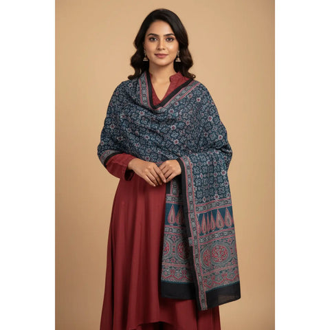 Blue & Cream Ajrakh Hand Block Print Cotton Stole | Traditional Geometric Print | 220×55 cm