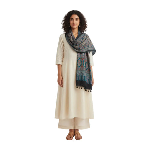 Cream Multicolor Ajrakh Hand Block Print Cotton Stole | Traditional Geometric Print | 220×55 cm