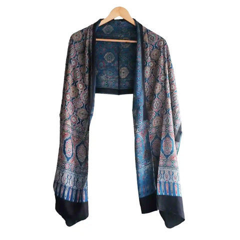 ISYVBH-C08 Ajrakh Dupatta Draped View | Traditional Natural Dye Block Print