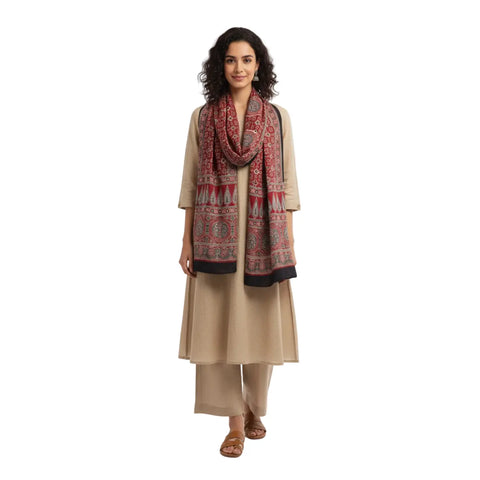 Red & Maroon Ajrakh Hand Block Print Cotton Stole | Traditional Geometric Print | 220×55 cm