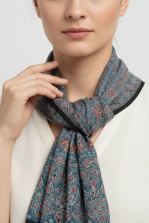 Dark Grey Multicolor Ajrakh Hand Block Print Cotton Stole | Traditional Geometric Print | 220×55 cm