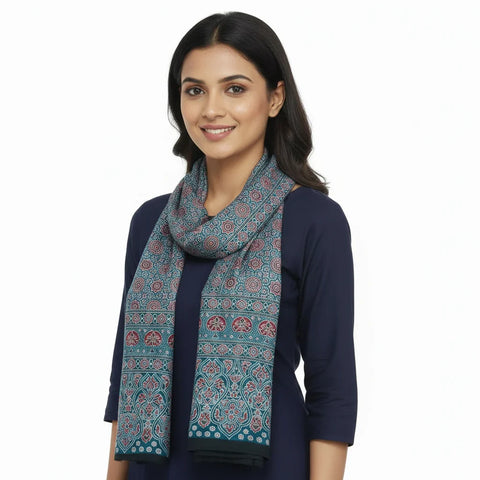 Dark Grey Multicolor Ajrakh Hand Block Print Cotton Stole | Traditional Geometric Print | 220×55 cm