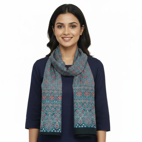 Dark Grey Multicolor Ajrakh Hand Block Print Cotton Stole | Traditional Geometric Print | 220×55 cm