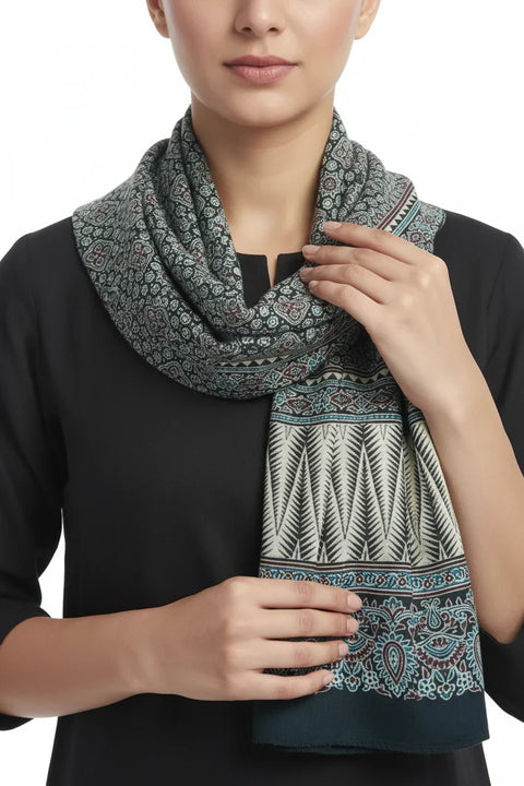 Charcoal Ajrakh Hand Block Print Cotton Stole | Traditional Geometric Print | 220×55 cm