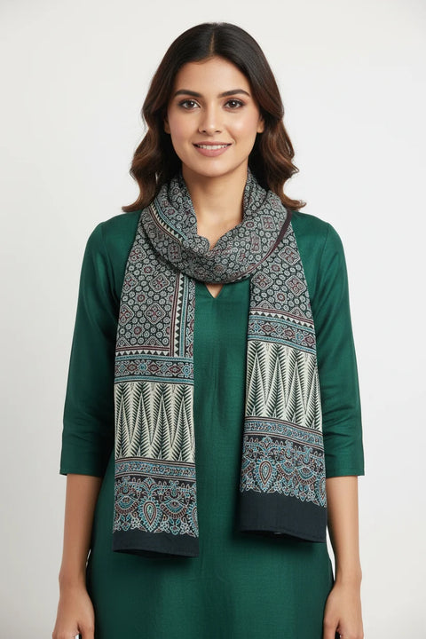 Charcoal Ajrakh Hand Block Print Cotton Stole | Traditional Geometric Print | 220×55 cm