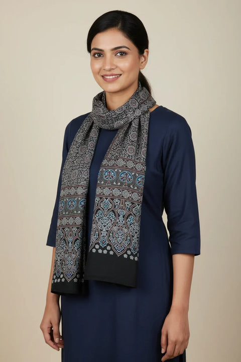 Dark Teal Ajrakh Hand Block Print Cotton Stole | Traditional Geometric Print | 220×55 cm