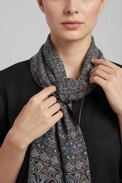 Dark Teal Ajrakh Hand Block Print Cotton Stole | Traditional Geometric Print | 220×55 cm