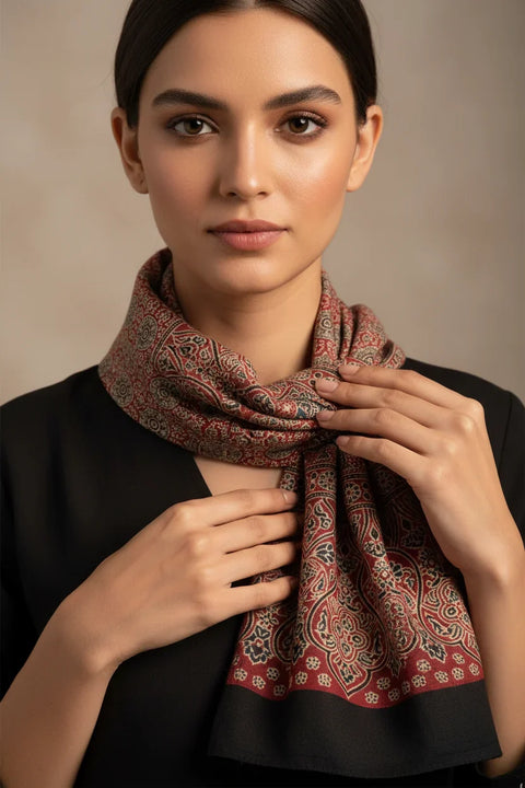 Brown & Rust Ajrakh Hand Block Print Cotton Stole | Traditional Geometric Print | 220×55 cm