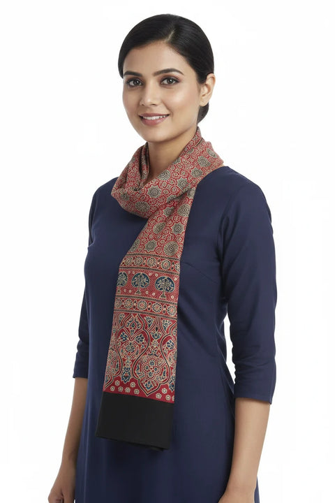Brown & Rust Ajrakh Hand Block Print Cotton Stole | Traditional Geometric Print | 220×55 cm