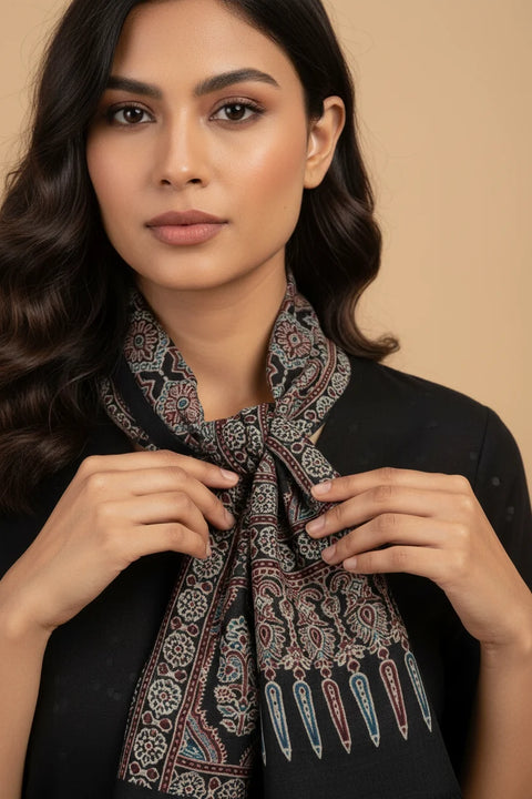 Dark Teal Ajrakh Hand Block Print Cotton Stole | Geometric Floral Print | 220×55 cm