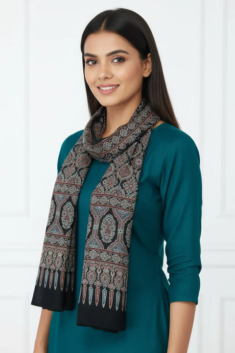 Dark Teal Ajrakh Hand Block Print Cotton Stole | Geometric Floral Print | 220×55 cm