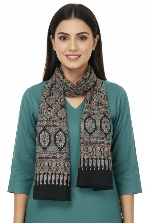 Dark Teal Ajrakh Hand Block Print Cotton Stole | Geometric Floral Print | 220×55 cm