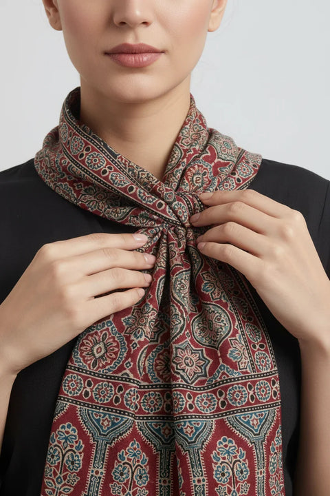 Maroon Ajrakh Hand Block Print Cotton Stole | Traditional Geometric Print | 220×55 cm