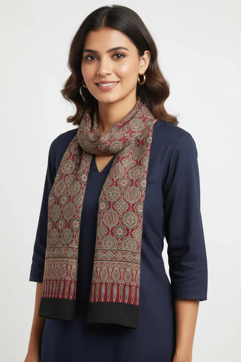 Maroon Ajrakh Hand Block Print Cotton Stole | Traditional Geometric Print | 220×55 cm