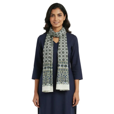 Blue & Cream Ajrakh Hand Block Print Cotton Stole | Traditional Geometric Print | 220×55 cm