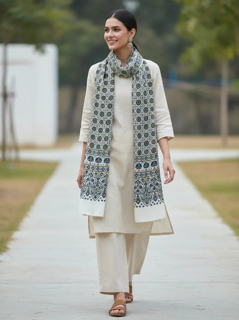 Blue & Cream Ajrakh Hand Block Print Cotton Stole | Traditional Geometric Print | 220×55 cm