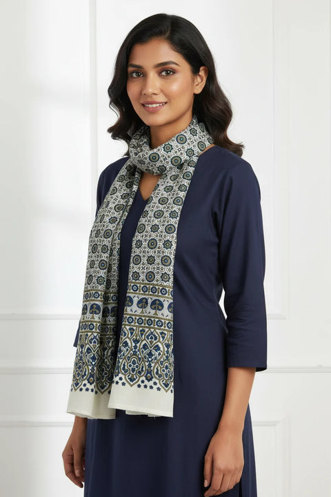 Blue & Cream Ajrakh Hand Block Print Cotton Stole | Traditional Geometric Print | 220×55 cm