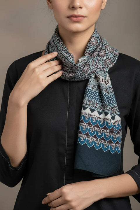 Cream Multicolor Ajrakh Hand Block Print Cotton Stole | Traditional Geometric Print | 220×55 cm