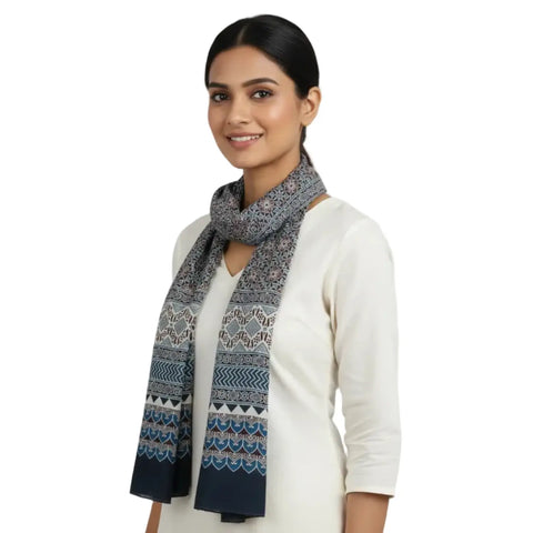 Cream Multicolor Ajrakh Hand Block Print Cotton Stole | Traditional Geometric Print | 220×55 cm