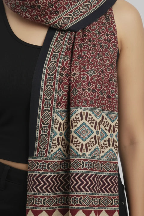 Dark Multicolor Ajrakh Hand Block Print Cotton Stole | Traditional Geometric Print | 220×55 cm