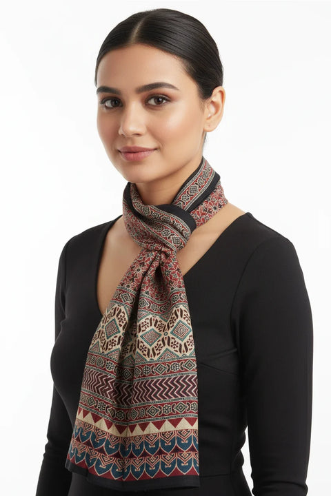 Dark Multicolor Ajrakh Hand Block Print Cotton Stole | Traditional Geometric Print | 220×55 cm