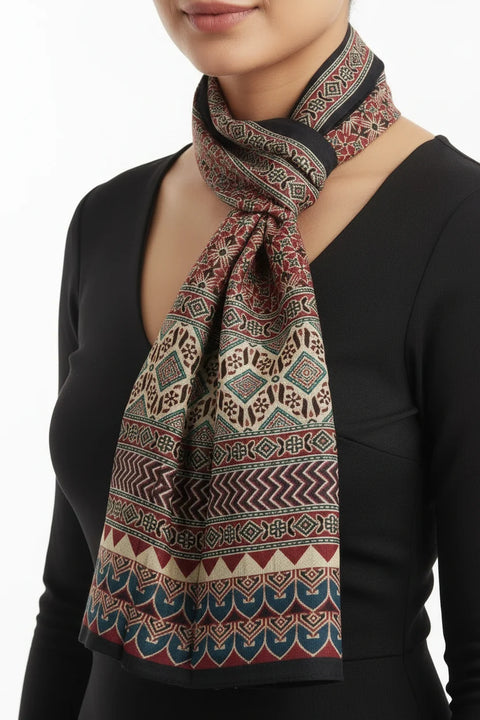 Dark Multicolor Ajrakh Hand Block Print Cotton Stole | Traditional Geometric Print | 220×55 cm