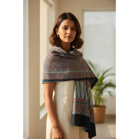 Blue Grey Ajrakh Hand Block Print Cotton Stole | Traditional Geometric Print | 220×55 cm