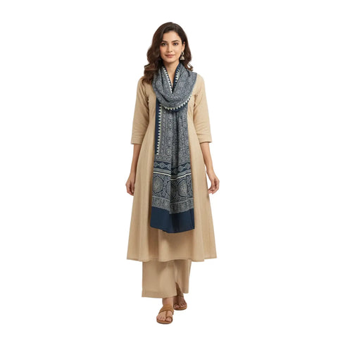 Indigo Ajrakh Hand Block Print Mashroo Silk Stole | Traditional Geometric Print | 220×55 cm