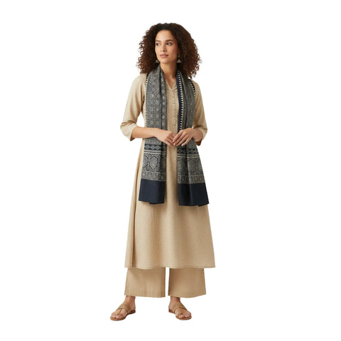 Charcoal Ajrakh Hand Block Print Mashroo Silk Stole | Traditional Geometric Print | 220×55 cm