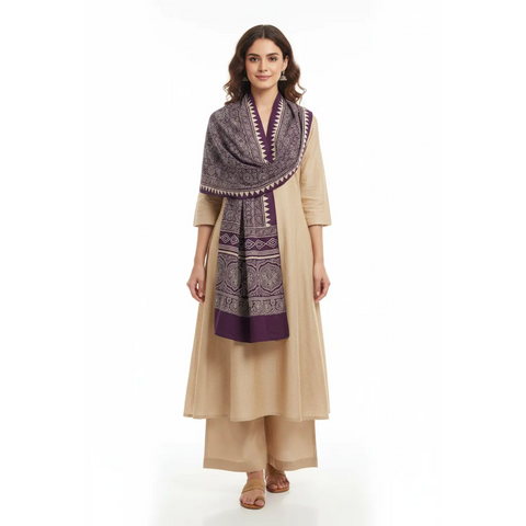Purple Ajrakh Hand Block Print Mashroo Silk Stole | Traditional Geometric Print | 220×55 cm
