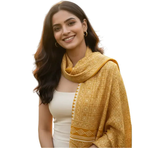 Mustard Ajrakh Hand Block Print Mashroo Silk Stole | Traditional Geometric Print | 220×55 cm